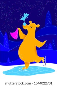 Mouse on the nose of a bear on skates, holiday card for your design, vector bright color illustration