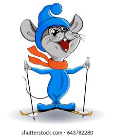 Mouse on skis in a cartoon style.Vector illustration.