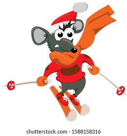 Mouse on skis and in a Christmas hat. Winter. caricature