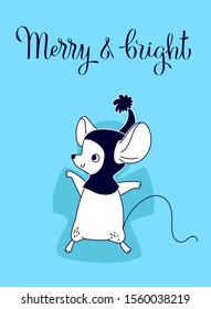 Mouse on a snow makes trace of angel, color greeting card for your design, vector illustration