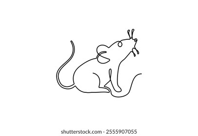 Mouse one line drawing on white background vector illustration, A continuous line drawing of a mouse in continuous line art drawing style. Cute small mouse rodent black linear design isolated.