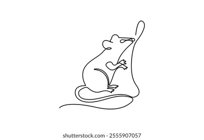 Mouse one line drawing on white background vector illustration, A continuous line drawing of a mouse in continuous line art drawing style. Cute small mouse rodent black linear design isolated.