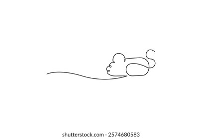 Mouse one line drawing on white background vector illustration,  Cute small mouse rodent black linear design isolated.