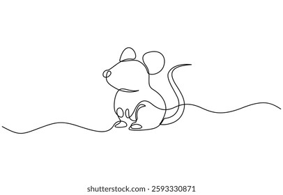 Mouse one line drawing on white background vector illustration, Abstract rat,mouse,continuous one line art hand drawing sketch, Mouse in continuous line art drawing style.