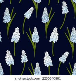 mouse onion, muscari seamless pattern. Floral background with bluebells, hand drawing.