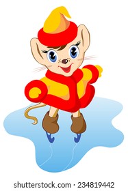Mouse in the orange coat on skates. Vector drawing