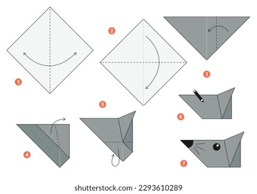 Mouse origami scheme tutorial moving model. Origami for kids. Step by step how to make a cute origami mouse. Vector illustration.