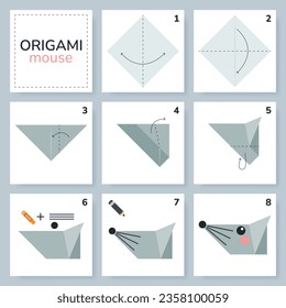 Mouse origami scheme tutorial moving model. Origami for kids. Step by step how to make a cute origami mouse. Vector illustration.