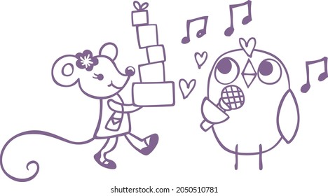 Mouse and owl happy birthday sketch drawing

