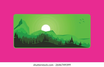 Diseño de alfombrilla de ratón. Silueta de paisaje verde con puesta de sol y montañas