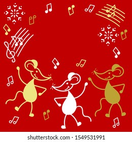Mouse party, hand drawn vector symbol 2020 year. Fun little mice are dancing, music. Place for text, Chinese New year greetings, children's holiday, birthday