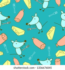 Mouse pattern, cheese, fork, sausage on blue background. Vector pattern for textile, fabric, background, Wallpaper, wrapping paper.
