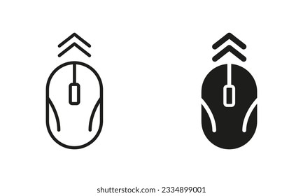 Mouse PC Line and Silhouette Icon Set. Computer Mouse, Scroll Up Pictogram. Swipe Up Arrow. Technology Wireless Computer Tool for Internet Symbol Collection. Cursor Sign. Isolated Vector Illustration.