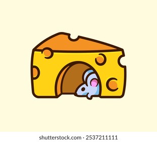 Mouse Peeking Out from a Slice of Yellow Cheese with Holes Cute Cartoon Illustration