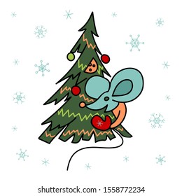 A mouse peeps out from behind a Christmas tree decorated with Christmas balls and cheese. Handwork. Character. Line drawing. Symbol of the new year 2020. Winter sport. Isolated object. Year of  rat. 