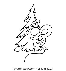 A mouse peeps out from behind a Christmas tree decorated with Christmas balls and cheese. Handwork. Character. Line drawing. Symbol of the new year 2020. Winter. Black and white drawing. Coloring.