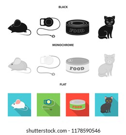 Mouse, pet leash, pet food, kitten. Cat set collection icons in black, flat, monochrome style vector symbol stock illustration web.