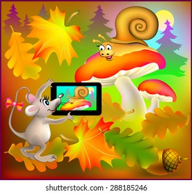 Mouse photographs the snail, vector cartoon image