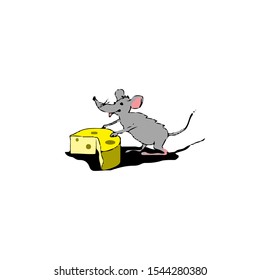 Mouse and a piece of cheese isolated on the background. Vector illustration.
