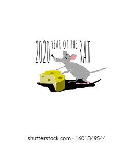 Mouse and a piece of cheese isolated on the background. Emblem of the year. New year theme. Vector illustration.
