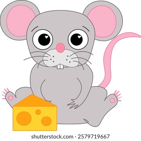 Mouse with piece cheese isolated on white background. Flat graphic line illustration of rat animal with cheese food. Vector illustration
