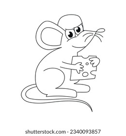 Mouse with piece of cheese. Outline illustration