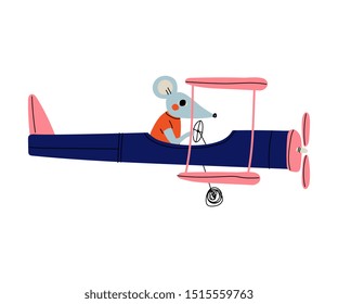 Mouse Pilot Flying on Retro Plane in the Sky, Cute Animal Character Piloting Airplane Vector Illustration