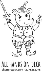 Mouse Pirate Holds Backsword. All hands on deck. Vector Cartoon Coloring Bundle illustration