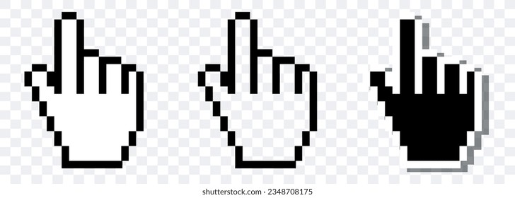 Mouse pixelated cursor. Mouse hand cursor. Computer Mouse click cursor. Black vector icon. Vector clipart.