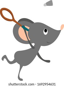 Mouse playing badminton, illustration, vector on white background