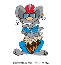 Mouse playing a bongo wearing a hat with an england flag on it. Grey mouse mascotte playing bongo for the england team.