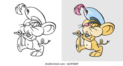 Mouse is playing flute vector illustration. Vector isolated cartoon comic character animal. Hand drown lion easy editable for book design.