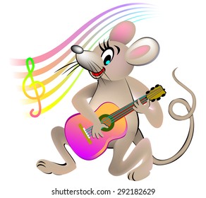 Mouse playing a guitar, vector cartoon image.