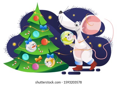 Mouse plays cat bowling for New Year 2020. Vector illustration