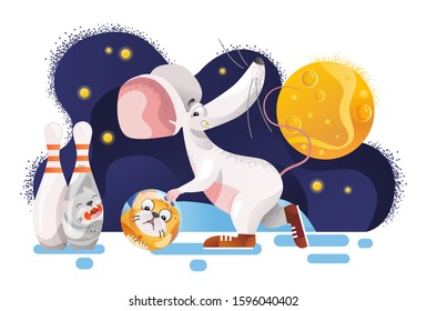 Mouse Plays Cat Bowling For New Year 2020. Vector Illustration