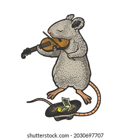 mouse plays the violin color sketch engraving vector illustration. T-shirt apparel print design. Scratch board imitation. Black and white hand drawn image.