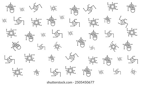 Mouse Pointer, click, data nodes,  technology, circuit related futuristic technical background vector illustration seamless pattern on white background.