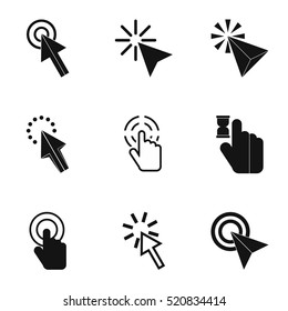 El puntero del mouse (ratón) hace clic en el conjunto de iconos. Ilustración simple de 9 iconos de puntero del mouse en vectores para web