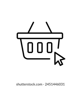 Mouse pointer clicking on shopping basket. Online shopping, seamless add to cart functionality. Pixel perfect vector