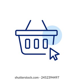 Mouse pointer clicking on shopping basket. Online shopping, seamless add to cart functionality. Pixel perfect icon