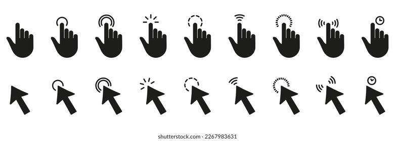 Mouse Pointer Gesture, Hand Slide Left and Right Black Solid Pictogram. Hand Finger Touch, Swipe and Drag Silhouette Icon Set. Pinch Screen, Rotate on Screen Glyph Icons. Isolated Vector Illustration.