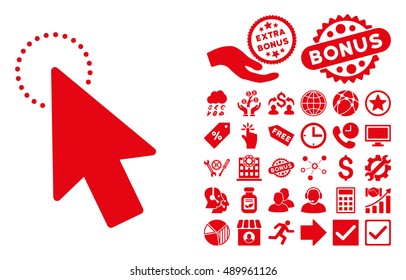 Mouse Pointer icon with bonus pictograph collection. Vector illustration style is flat iconic symbols, red color, white background.