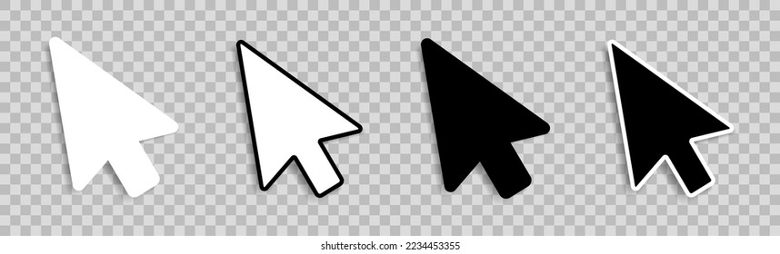 Mouse pointer icons with a shadow on a transparent background. A set of four cursor pointers. Vector illustration.