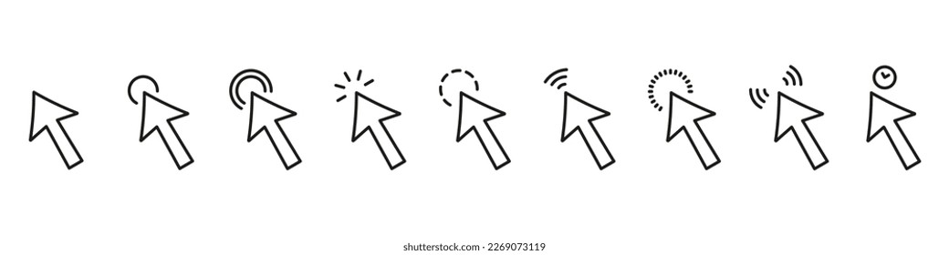 Mouse Pointer Line Icon. Computer Cursor Arrow Linear Pictogram. Digital Web Point for Website Outline Icon. Link Website, Push, Choose, Press Symbol. Editable Stroke. Isolated Vector Illustration.