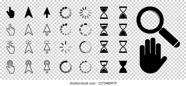 Mouse Pointer, Loading Process, Time Hour Glass, Business Icons Set - Different Flat Vector Illustrations Isolated On Transparent Background