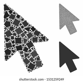 Mouse pointer mosaic of inequal parts in various sizes and color tinges, based on mouse pointer icon. Vector ragged dots are united into collage. Mouse pointer icons collage with dotted pattern.