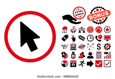 Mouse Pointer pictograph with bonus symbols. Vector illustration style is flat iconic bicolor symbols, intensive red and black colors, white background.