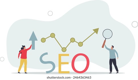 mouse pointer or using laptop sit on analytics graph on the word SEO.flat vector illustration.