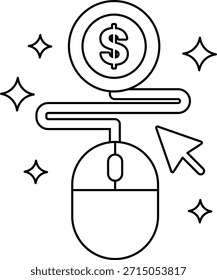 Eine Maus zeigt auf ein Dollarzeichen. Konzept des Geldes und die Bedeutung der Verwendung einer Computermaus, um darauf zuzugreifen