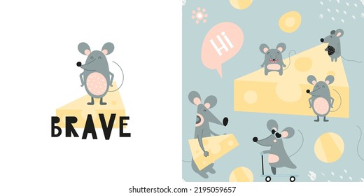 Mouse print and seamless pattern with cute mouse and cheese. Greeting card and wrapping paper set. T-shirt print and kids fabric design. Vector illustration